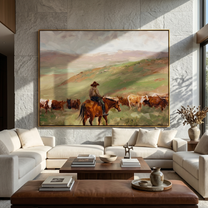 Herd Moves Under Rain — Rancher and Cattle Landscape Painting | Modern Figurative Horizontal Wall Art – brown and gray modern figurative vintage americana art, horizontal hand-painted canvas art – view 2