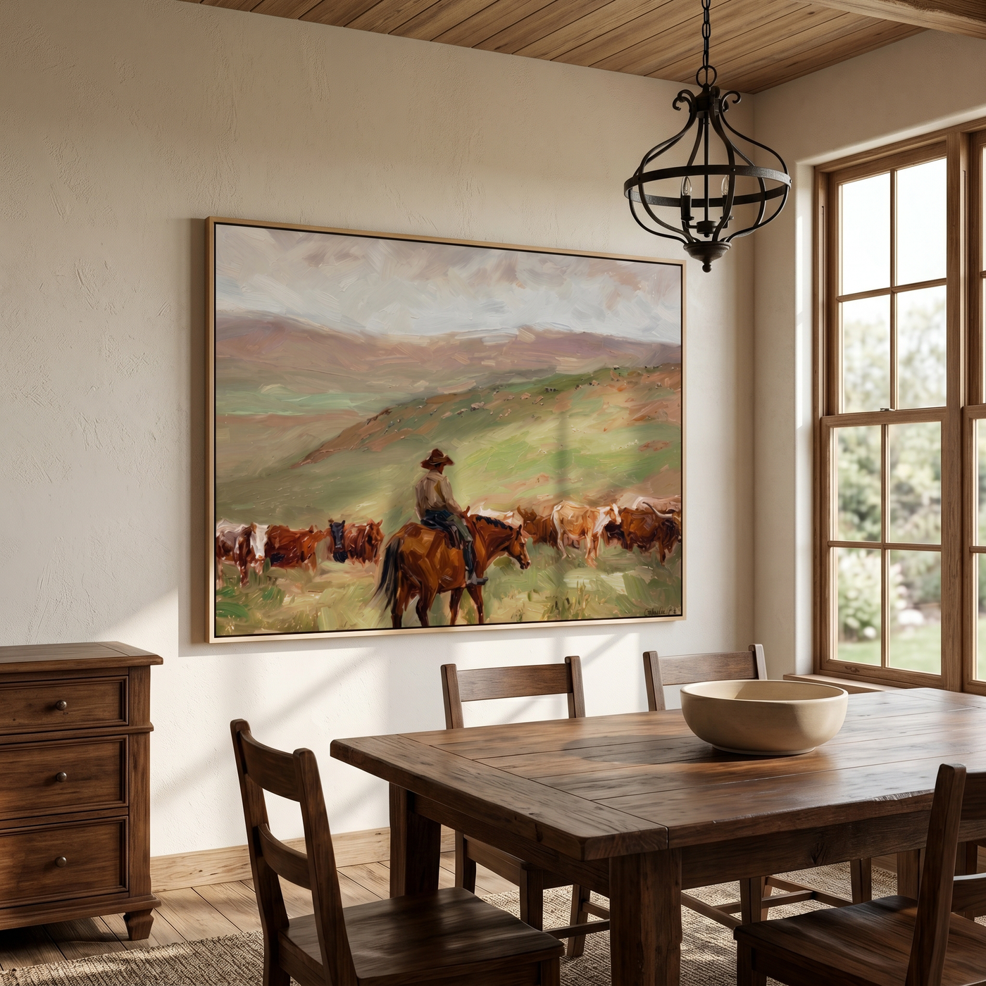 Herd Moves Under Rain — Rancher and Cattle Landscape Painting | Modern Figurative Horizontal Wall Art – brown and gray modern figurative vintage americana art, horizontal hand-painted canvas art – view 3