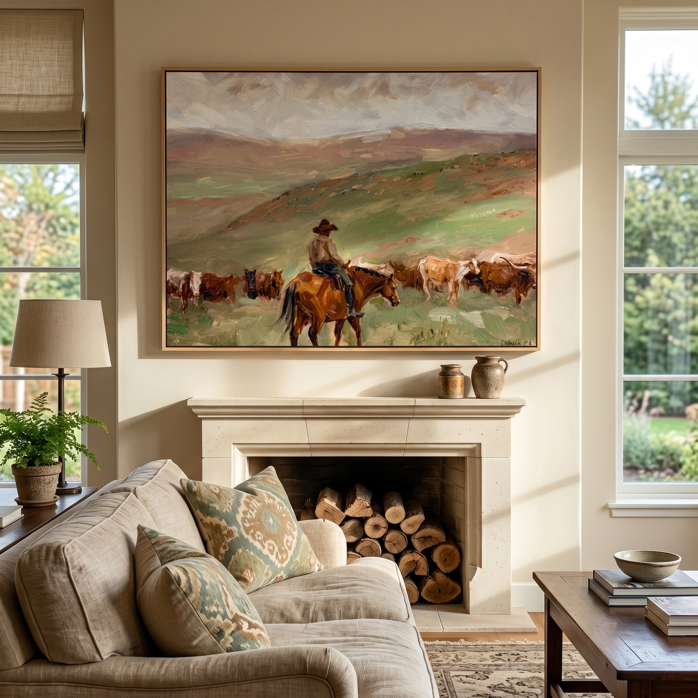 Herd Moves Under Rain — Rancher and Cattle Landscape Painting | Modern Figurative Horizontal Wall Art – brown and gray modern figurative vintage americana art, horizontal hand-painted canvas art – view 4