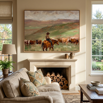 Herd Moves Under Rain — Rancher and Cattle Landscape Painting | Modern Figurative Horizontal Wall Art – brown and gray modern figurative vintage americana art, horizontal hand-painted canvas art – view 4