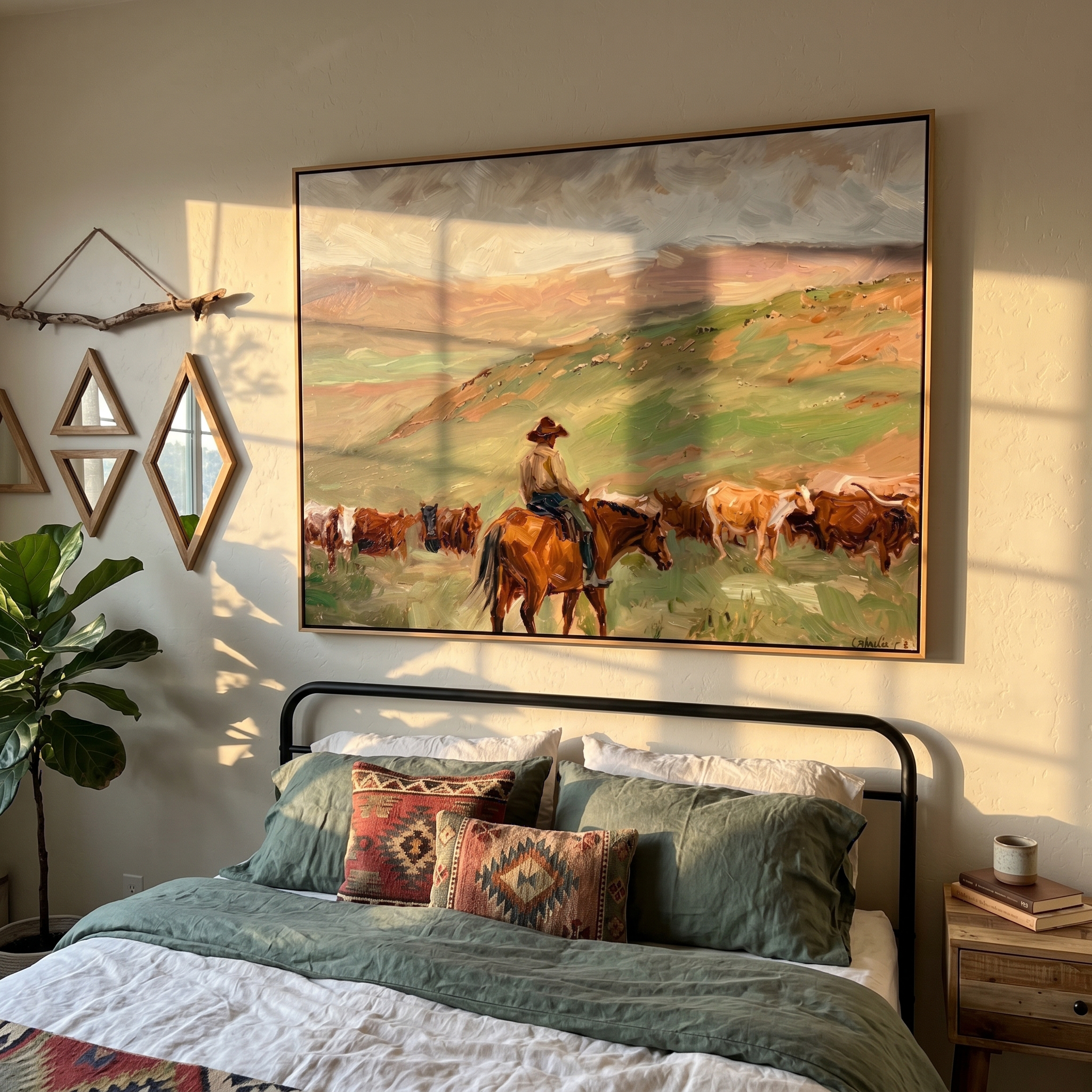 Herd Moves Under Rain — Rancher and Cattle Landscape Painting | Modern Figurative Horizontal Wall Art – brown and gray modern figurative vintage americana art, horizontal hand-painted canvas art – view 5