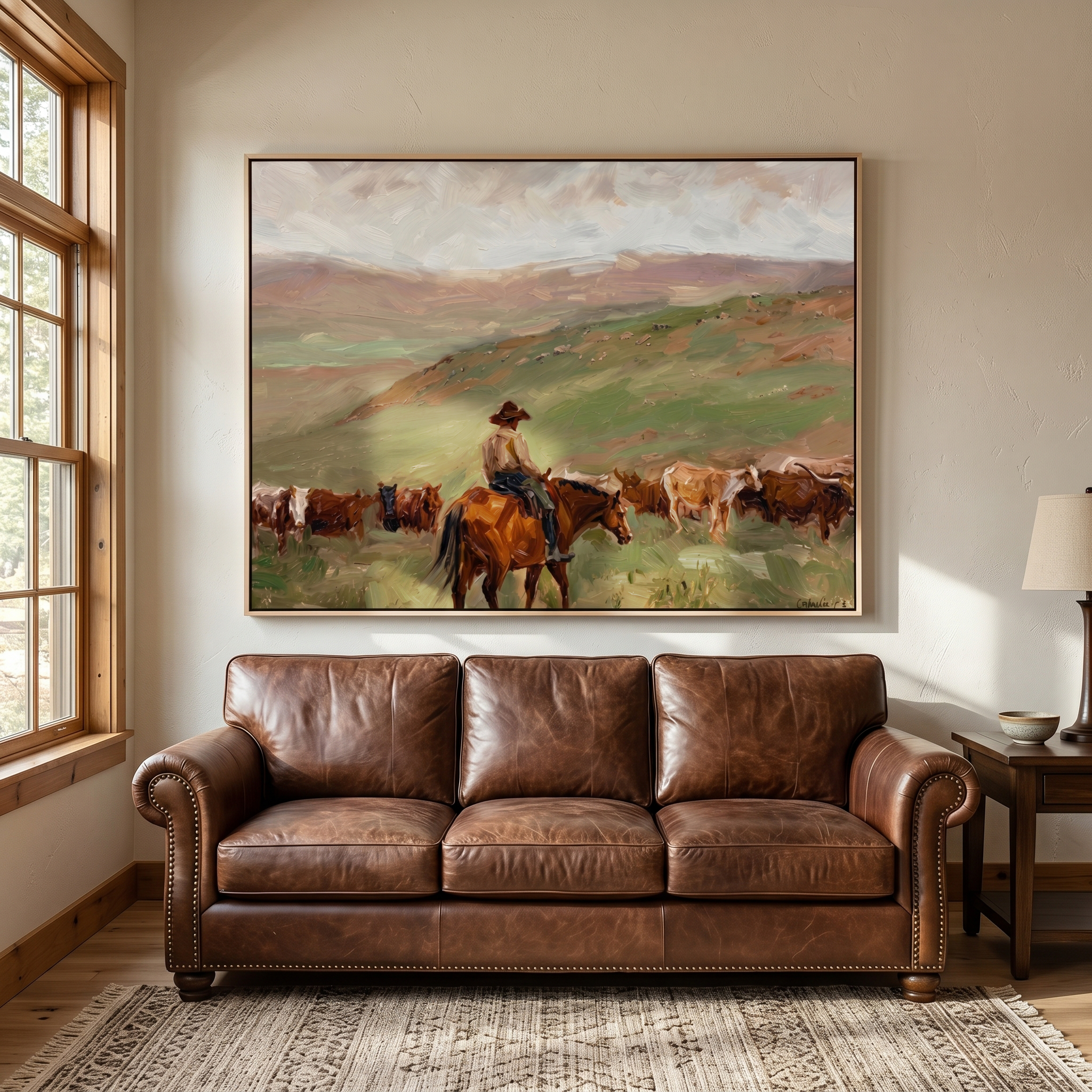 Herd Moves Under Rain — Rancher and Cattle Landscape Painting | Modern Figurative Horizontal Wall Art – brown and gray modern figurative vintage americana art, horizontal hand-painted canvas art – view 6