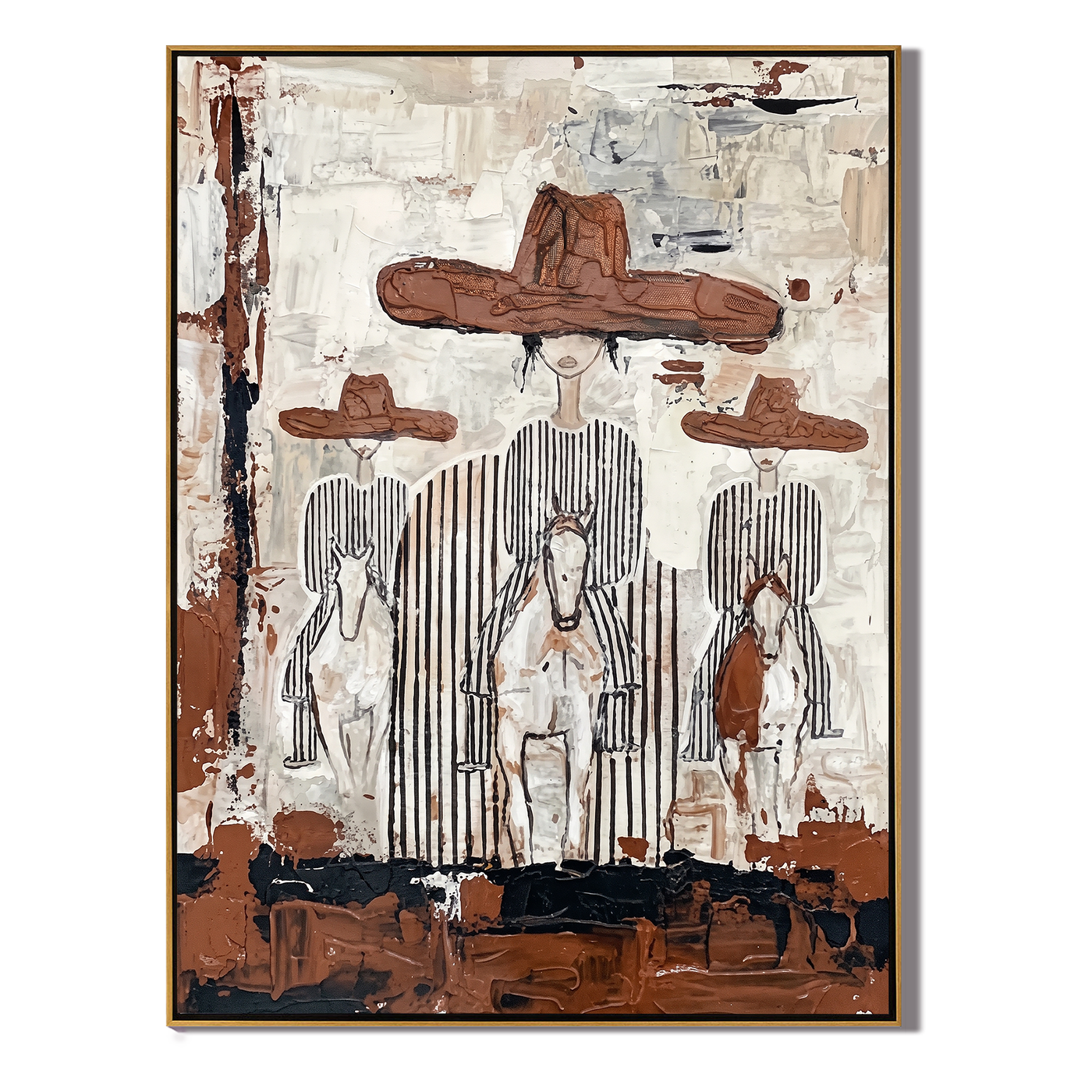 Four Hats Break Through — Layered Cowboy Collage Painting | Modern Figurative Vertical Wall Art – gray and white and brown modern figurative vintage americana art, vertical hand-painted canvas art – view 1