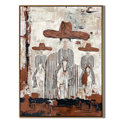 Four Hats Break Through — Layered Cowboy Collage Painting | Modern Figurative Vertical Wall Art – gray and white and brown modern figurative vintage americana art, vertical hand-painted canvas art – view 1