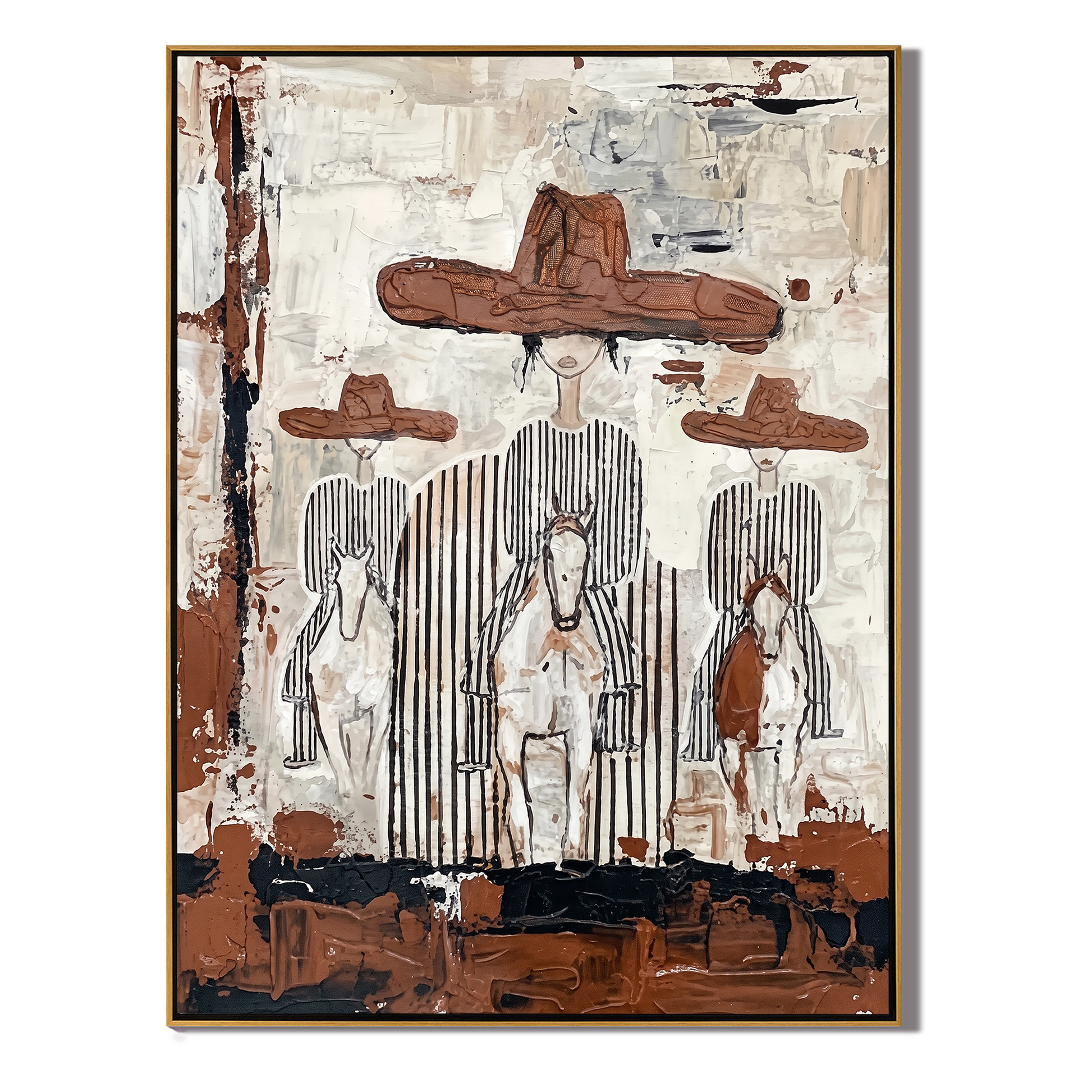 Four Hats Break Through — Layered Cowboy Collage Painting | Modern Figurative Vertical Wall Art – gray and white and brown modern figurative vintage americana art, vertical hand-painted canvas art – view 1