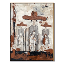 Four Hats Break Through — Layered Cowboy Collage Painting | Modern Figurative Vertical Wall Art – gray and white and brown modern figurative vintage americana art, vertical hand-painted canvas art – view 1