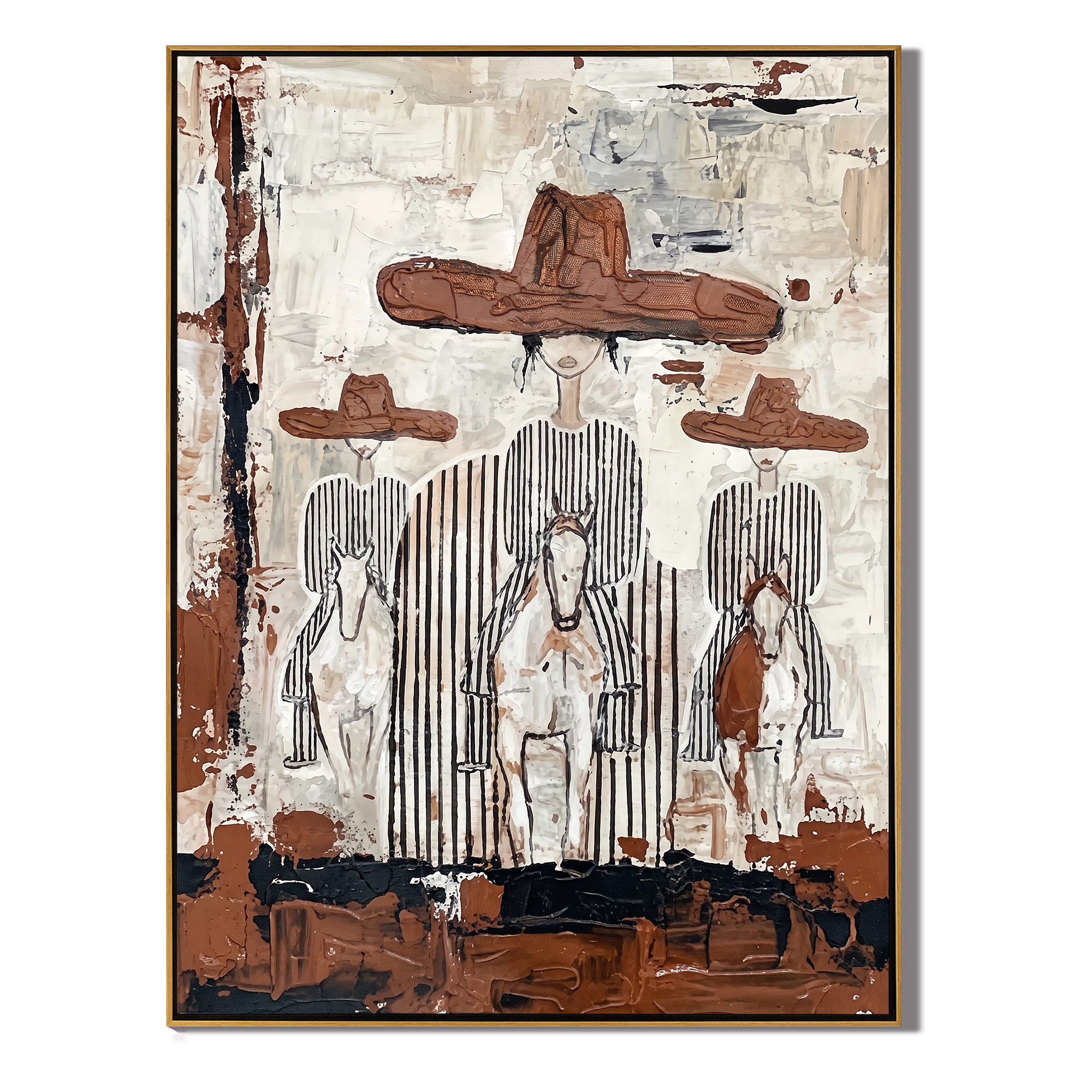 Four Hats Break Through — Layered Cowboy Collage Painting | Modern Figurative Vertical Wall Art – gray and white and brown modern figurative vintage americana art, vertical hand-painted canvas art – view 1