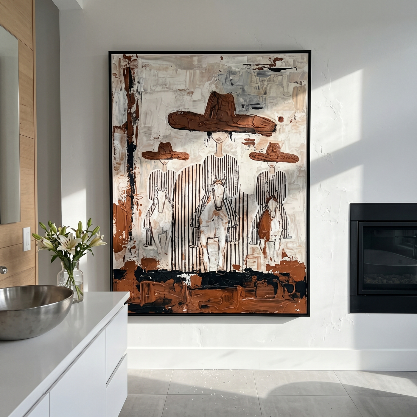 Four Hats Break Through — Layered Cowboy Collage Painting | Modern Figurative Vertical Wall Art – gray and white and brown modern figurative vintage americana art, vertical hand-painted canvas art – view 2