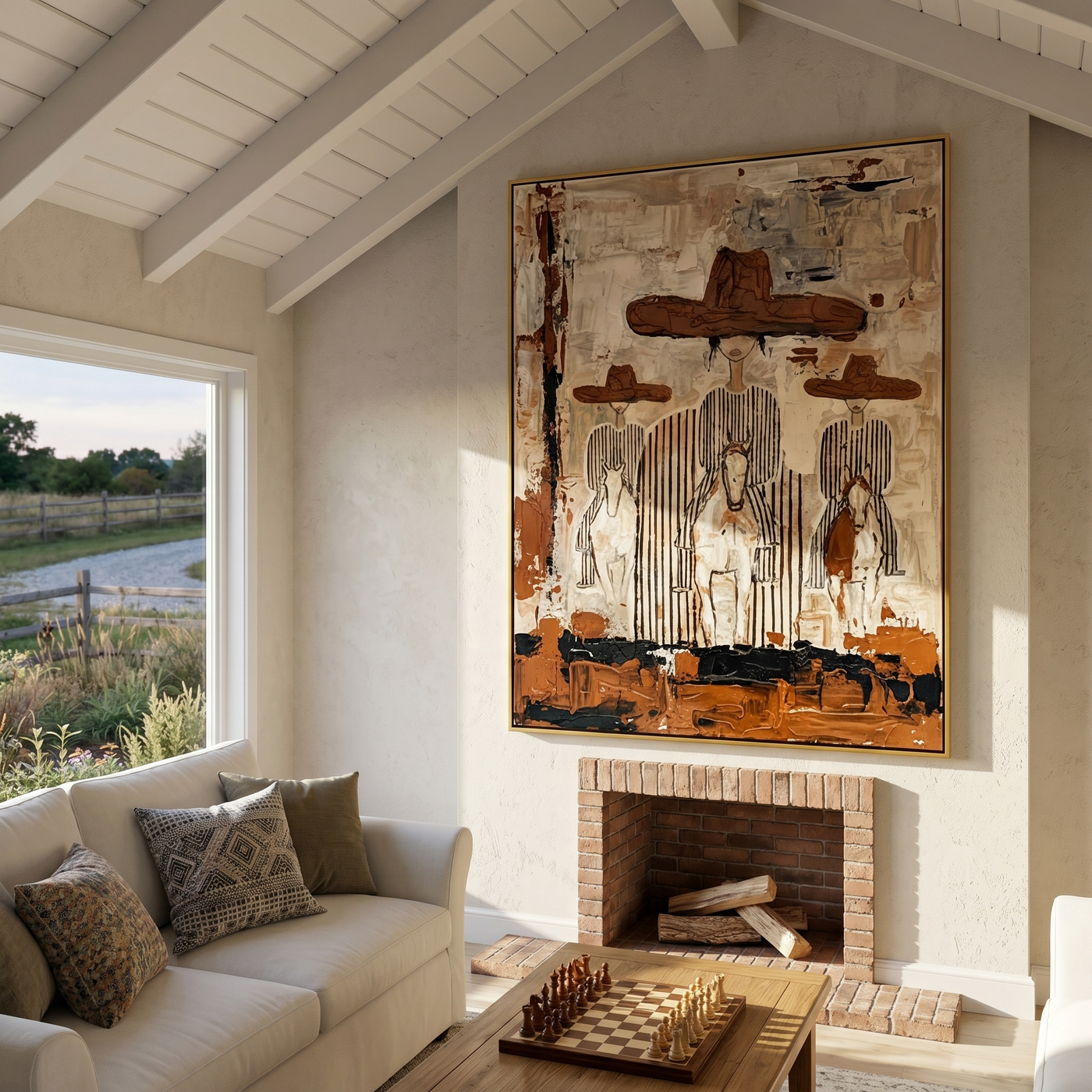 Four Hats Break Through — Layered Cowboy Collage Painting | Modern Figurative Vertical Wall Art – gray and white and brown modern figurative vintage americana art, vertical hand-painted canvas art – view 3