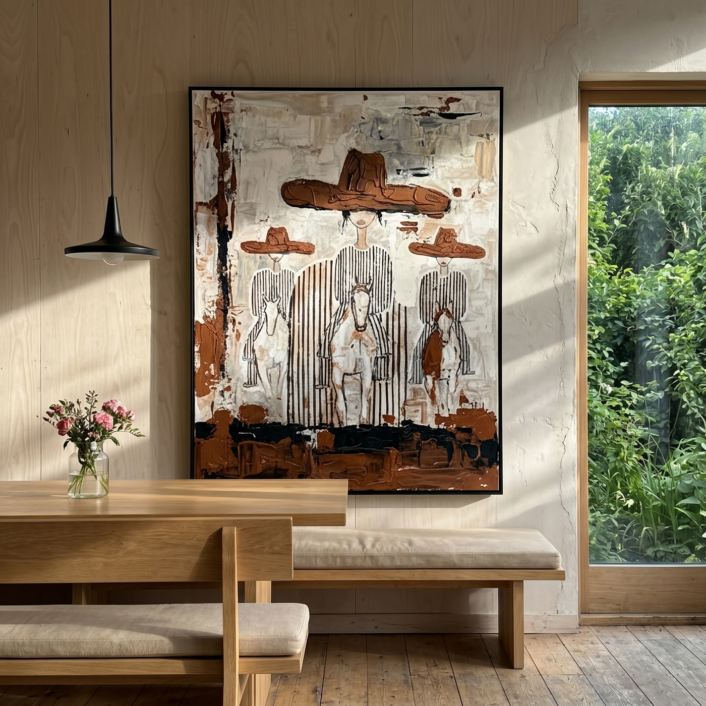 Four Hats Break Through — Layered Cowboy Collage Painting | Modern Figurative Vertical Wall Art – gray and white and brown modern figurative vintage americana art, vertical hand-painted canvas art – view 4