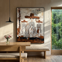 Four Hats Break Through — Layered Cowboy Collage Painting | Modern Figurative Vertical Wall Art – gray and white and brown modern figurative vintage americana art, vertical hand-painted canvas art – view 4