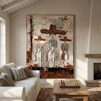 Four Hats Break Through — Layered Cowboy Collage Painting | Modern Figurative Vertical Wall Art – gray and white and brown modern figurative vintage americana art, vertical hand-painted canvas art – view 5