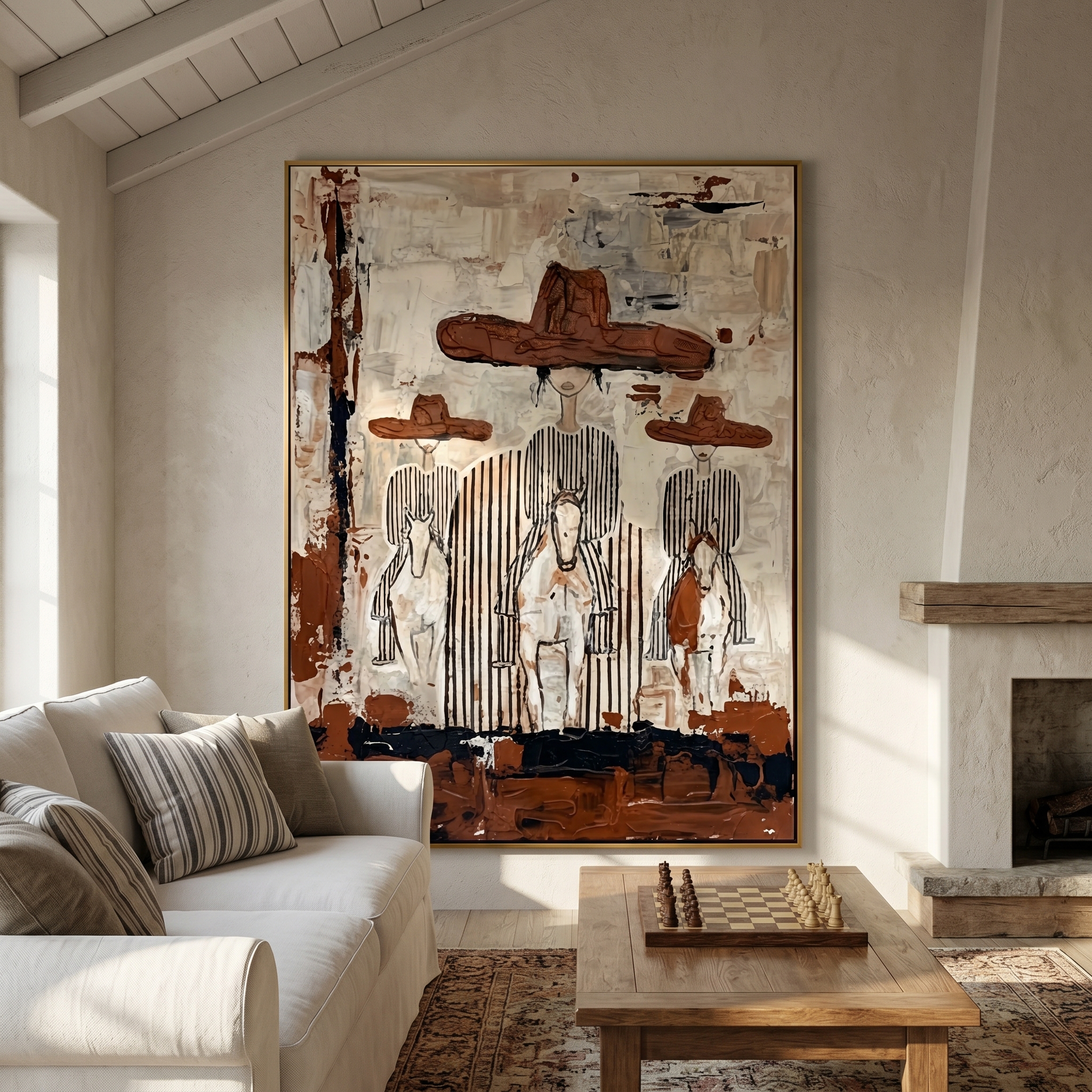Four Hats Break Through — Layered Cowboy Collage Painting | Modern Figurative Vertical Wall Art – gray and white and brown modern figurative vintage americana art, vertical hand-painted canvas art – view 5