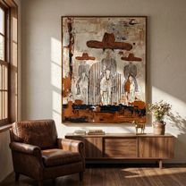 Four Hats Break Through — Layered Cowboy Collage Painting | Modern Figurative Vertical Wall Art – gray and white and brown modern figurative vintage americana art, vertical hand-painted canvas art – view 6