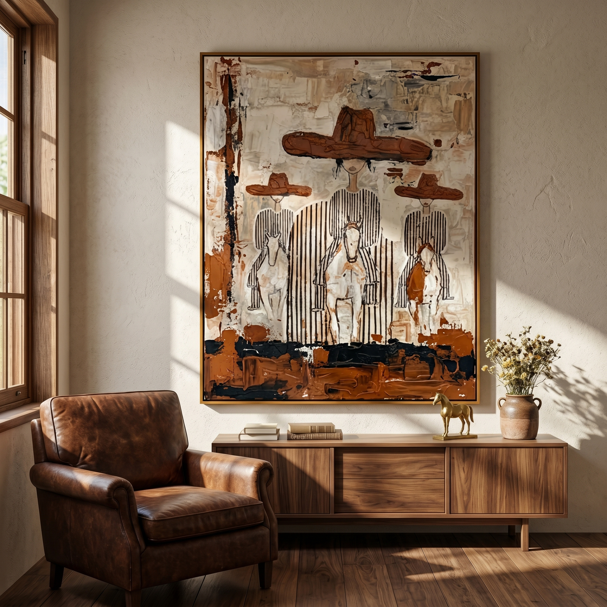 Four Hats Break Through — Layered Cowboy Collage Painting | Modern Figurative Vertical Wall Art – gray and white and brown modern figurative vintage americana art, vertical hand-painted canvas art – view 6