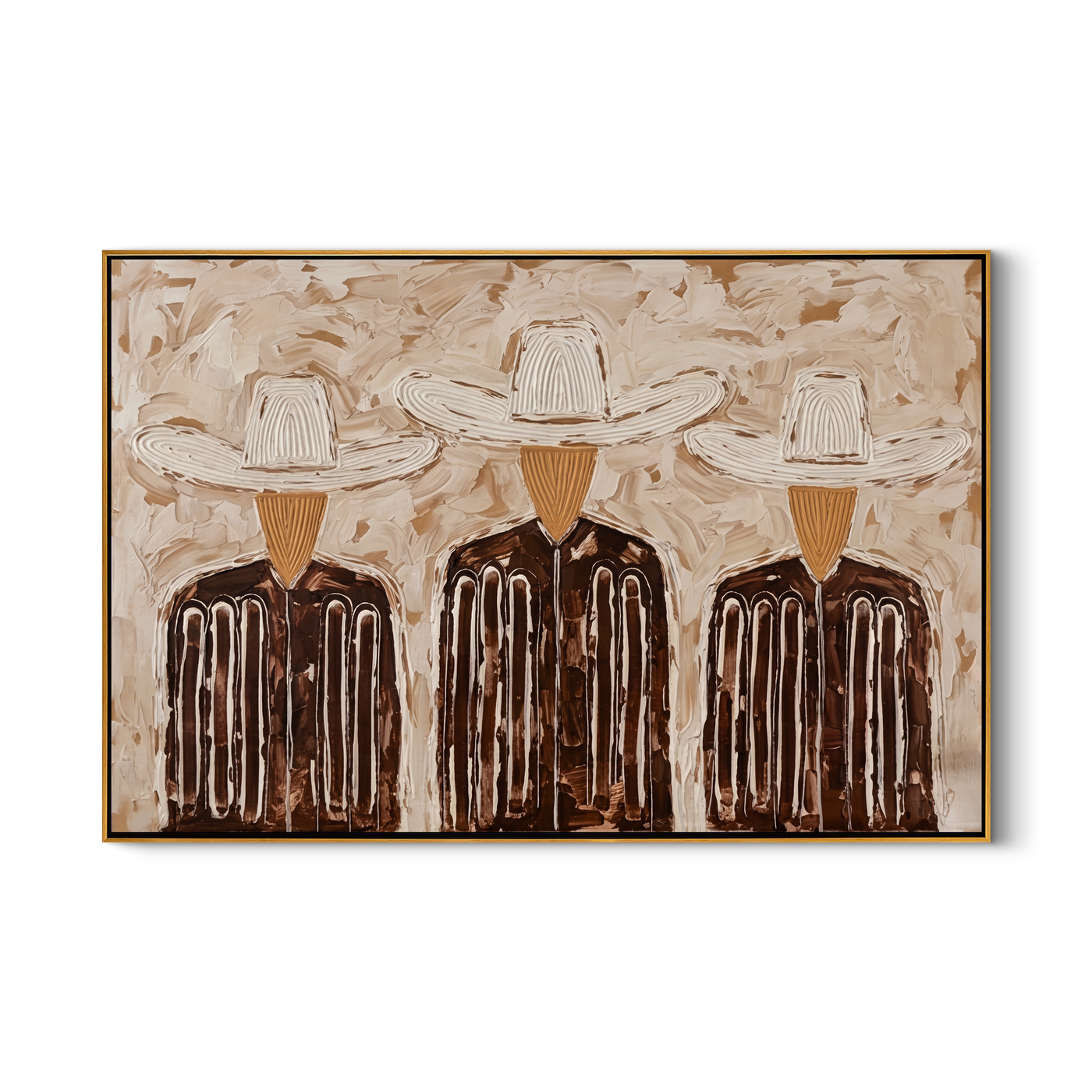Three White Hats Gather — Three Cowboy Figures Painting | Modern Figurative Horizontal Wall Art – brown and gray modern figurative vintage americana art, horizontal hand-painted canvas art – view 1