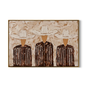 Three White Hats Gather — Three Cowboy Figures Painting | Modern Figurative Horizontal Wall Art – brown and gray modern figurative vintage americana art, horizontal hand-painted canvas art – view 1