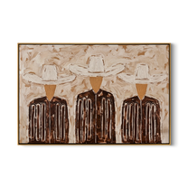 Three White Hats Gather — Three Cowboy Figures Painting | Modern Figurative Horizontal Wall Art – brown and gray modern figurative vintage americana art, horizontal hand-painted canvas art – view 1