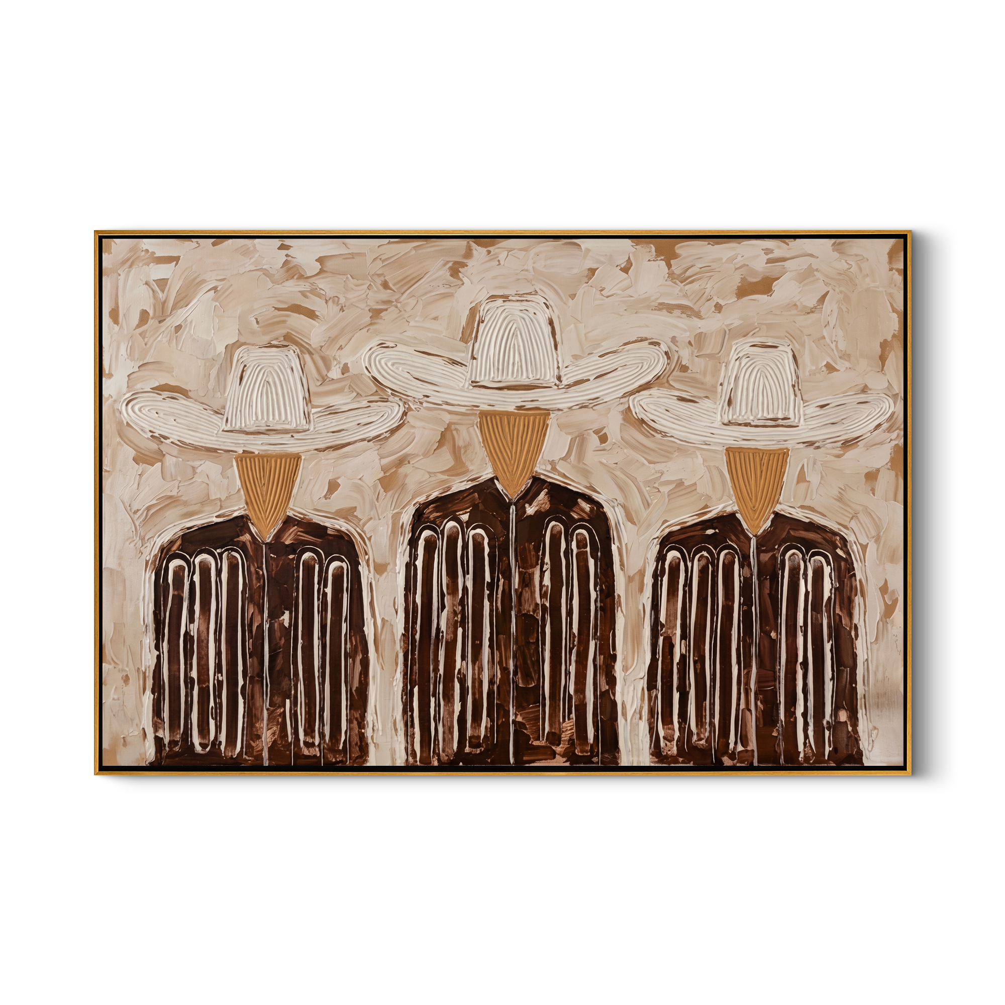 Three White Hats Gather — Three Cowboy Figures Painting | Modern Figurative Horizontal Wall Art – brown and gray modern figurative vintage americana art, horizontal hand-painted canvas art – view 1