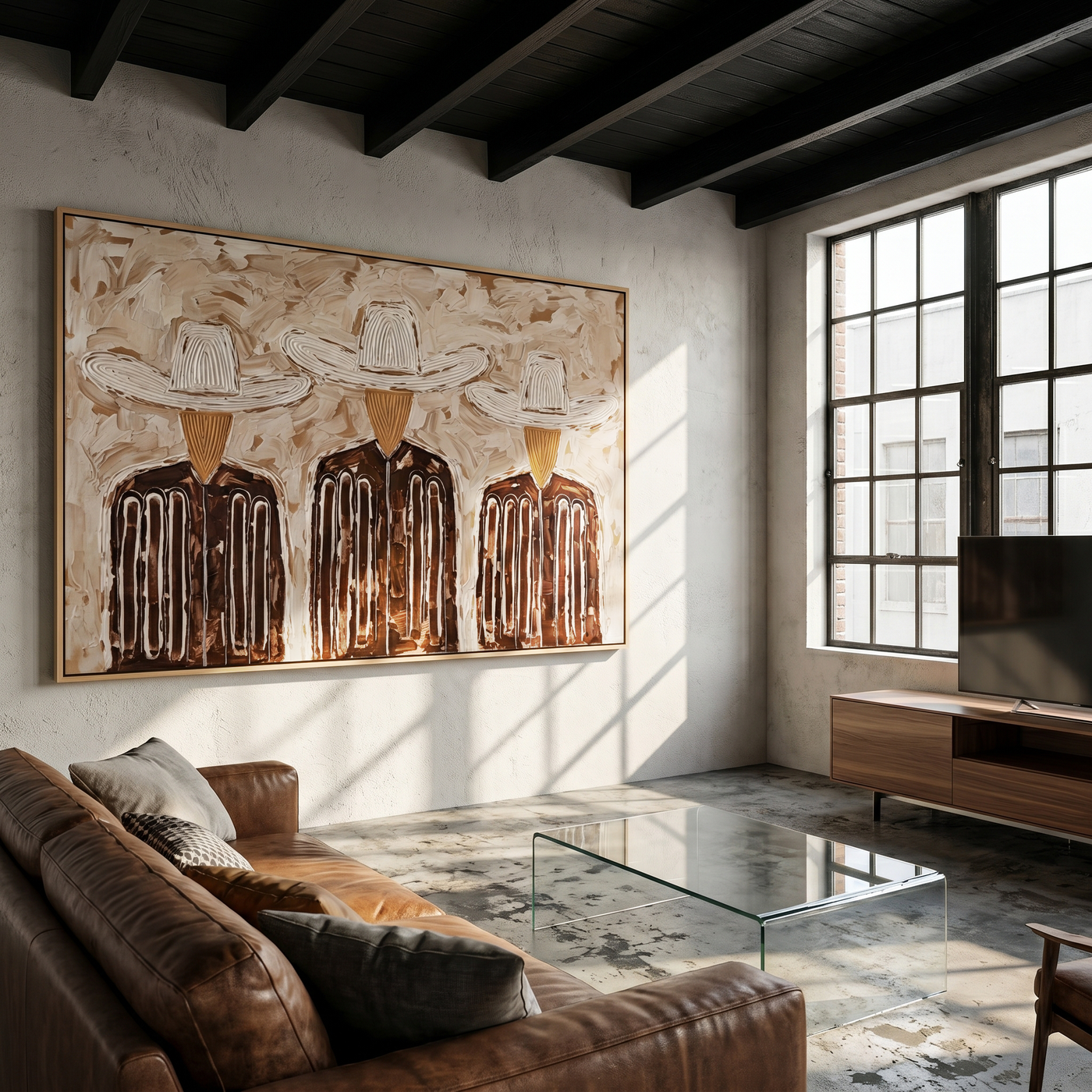 Three White Hats Gather — Three Cowboy Figures Painting | Modern Figurative Horizontal Wall Art – brown and gray modern figurative vintage americana art, horizontal hand-painted canvas art – view 4