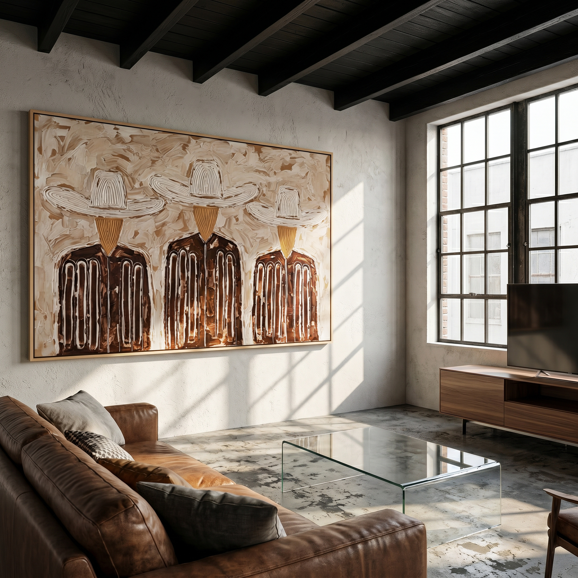 Three White Hats Gather — Three Cowboy Figures Painting | Modern Figurative Horizontal Wall Art – brown and gray modern figurative vintage americana art, horizontal hand-painted canvas art – view 4