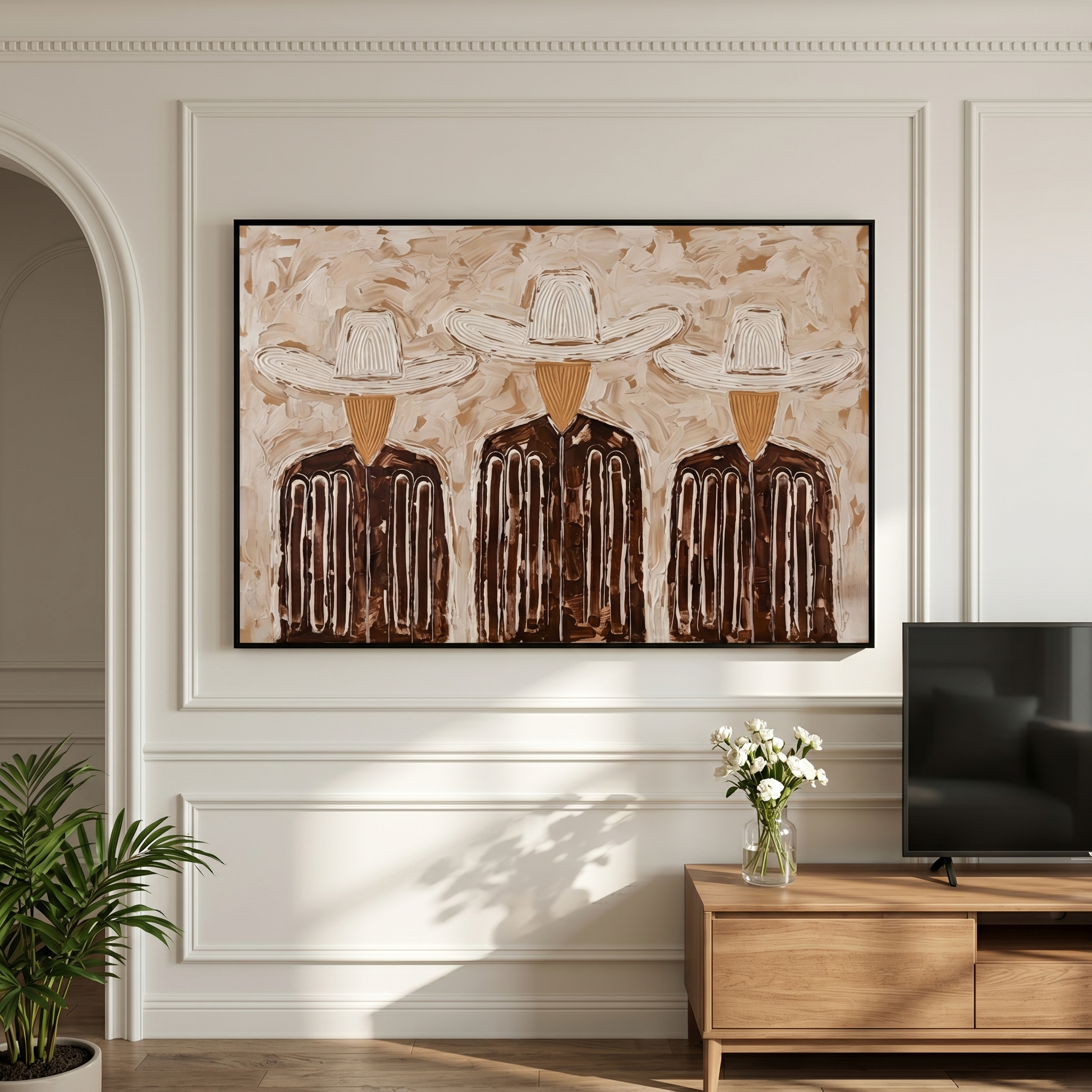 Three White Hats Gather — Three Cowboy Figures Painting | Modern Figurative Horizontal Wall Art – brown and gray modern figurative vintage americana art, horizontal hand-painted canvas art – view 5