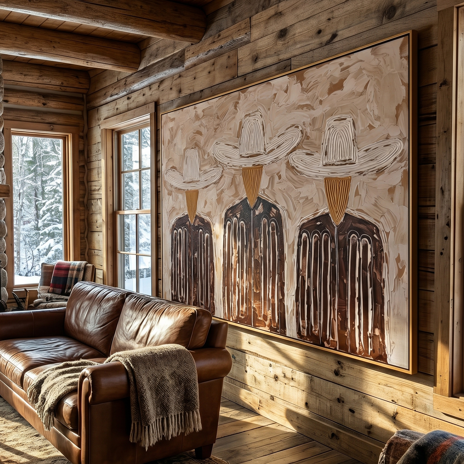 Three White Hats Gather — Three Cowboy Figures Painting | Modern Figurative Horizontal Wall Art – brown and gray modern figurative vintage americana art, horizontal hand-painted canvas art – view 6