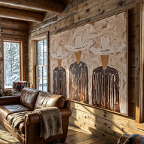 Three White Hats Gather — Three Cowboy Figures Painting | Modern Figurative Horizontal Wall Art – brown and gray modern figurative vintage americana art, horizontal hand-painted canvas art – view 6