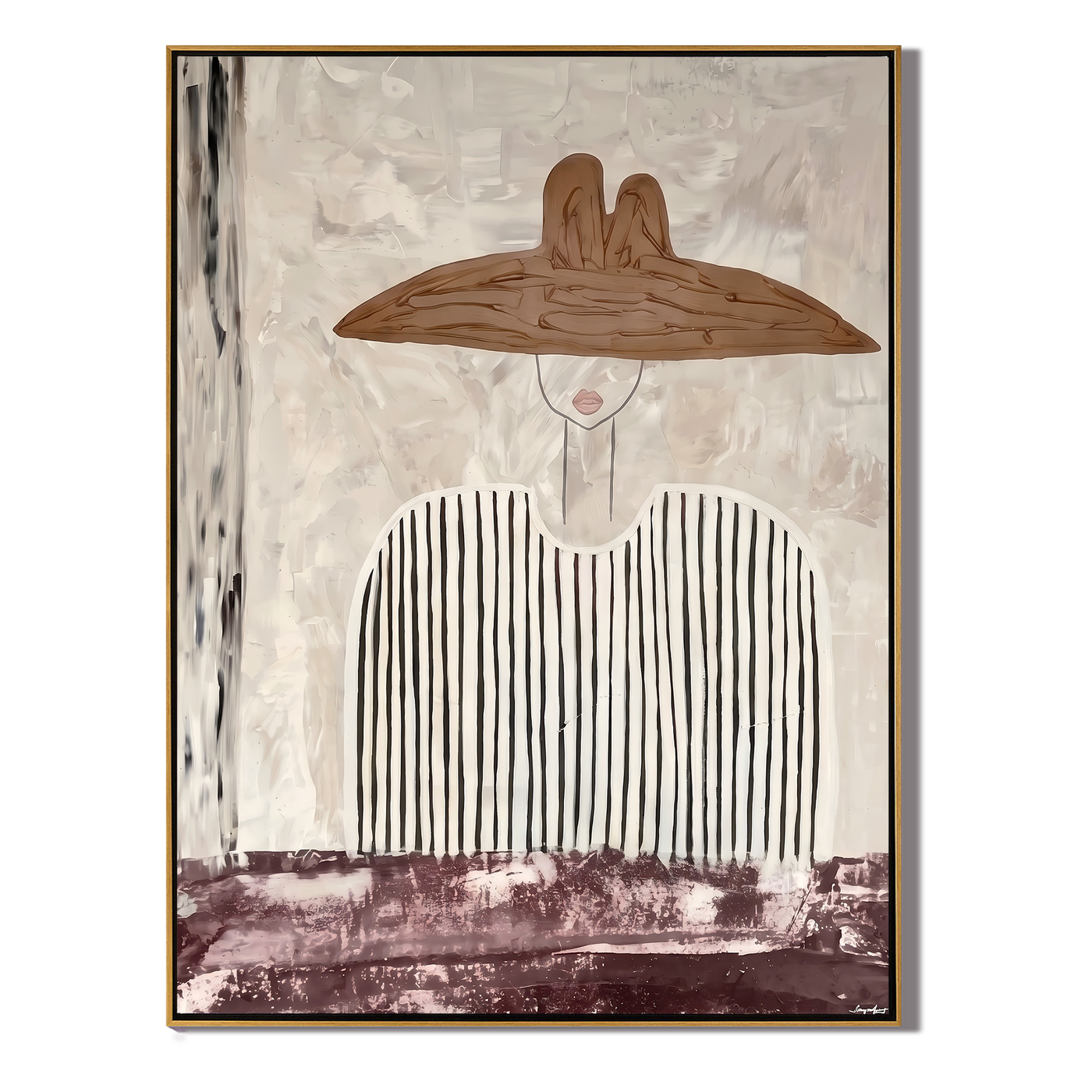 Stripes Carry a Saddle — Striped Wide-Hat Figure Painting | Modern Figurative Vertical Wall Art – gray and white modern figurative vintage americana art, vertical hand-painted canvas art – view 1