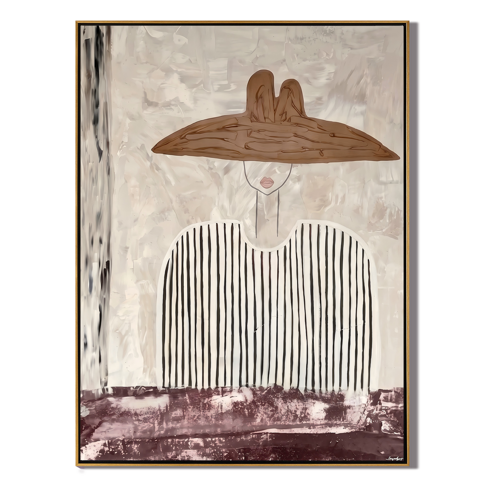 Stripes Carry a Saddle — Striped Wide-Hat Figure Painting | Modern Figurative Vertical Wall Art – gray and white modern figurative vintage americana art, vertical hand-painted canvas art – view 1