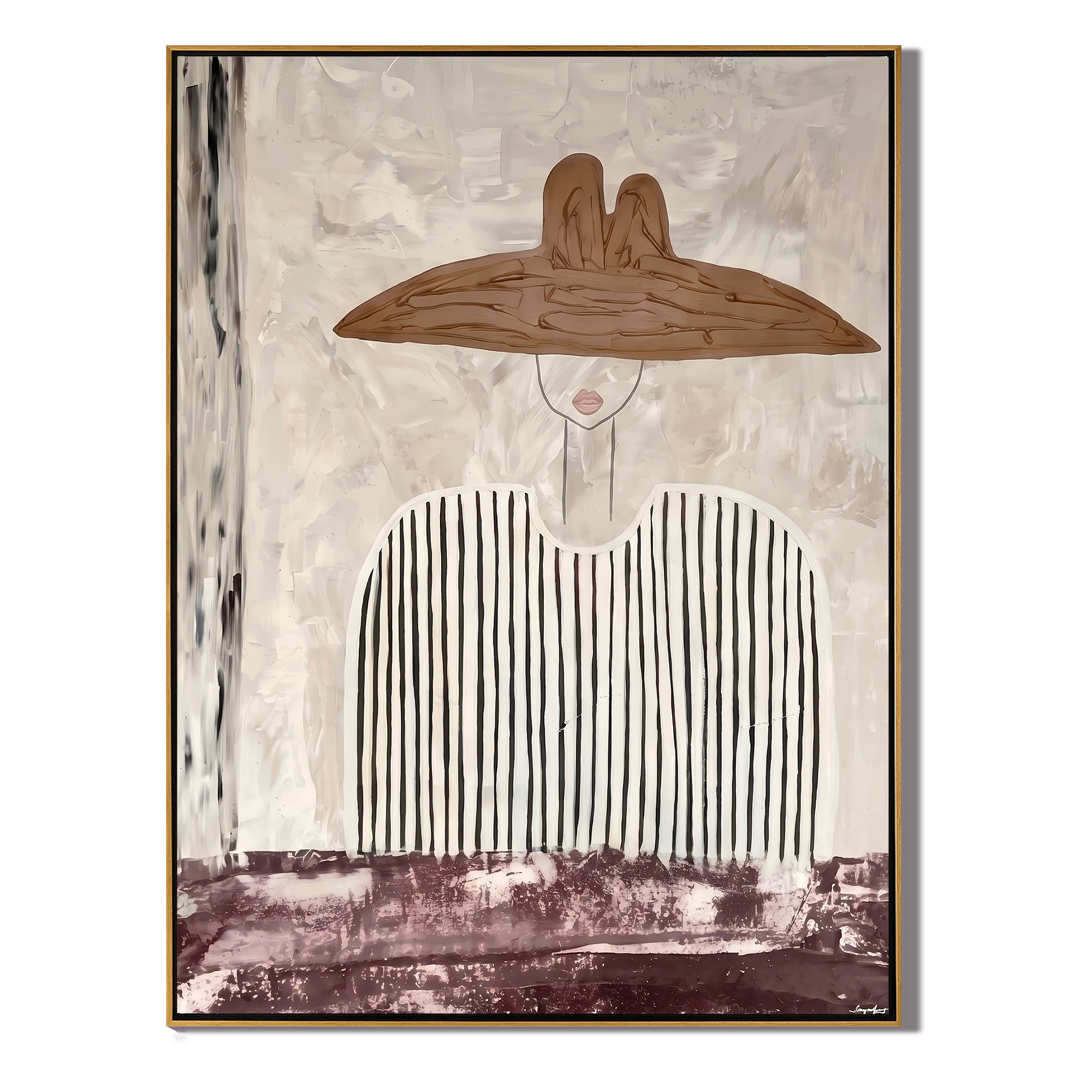 Stripes Carry a Saddle — Striped Wide-Hat Figure Painting | Modern Figurative Vertical Wall Art – gray and white modern figurative vintage americana art, vertical hand-painted canvas art – view 1