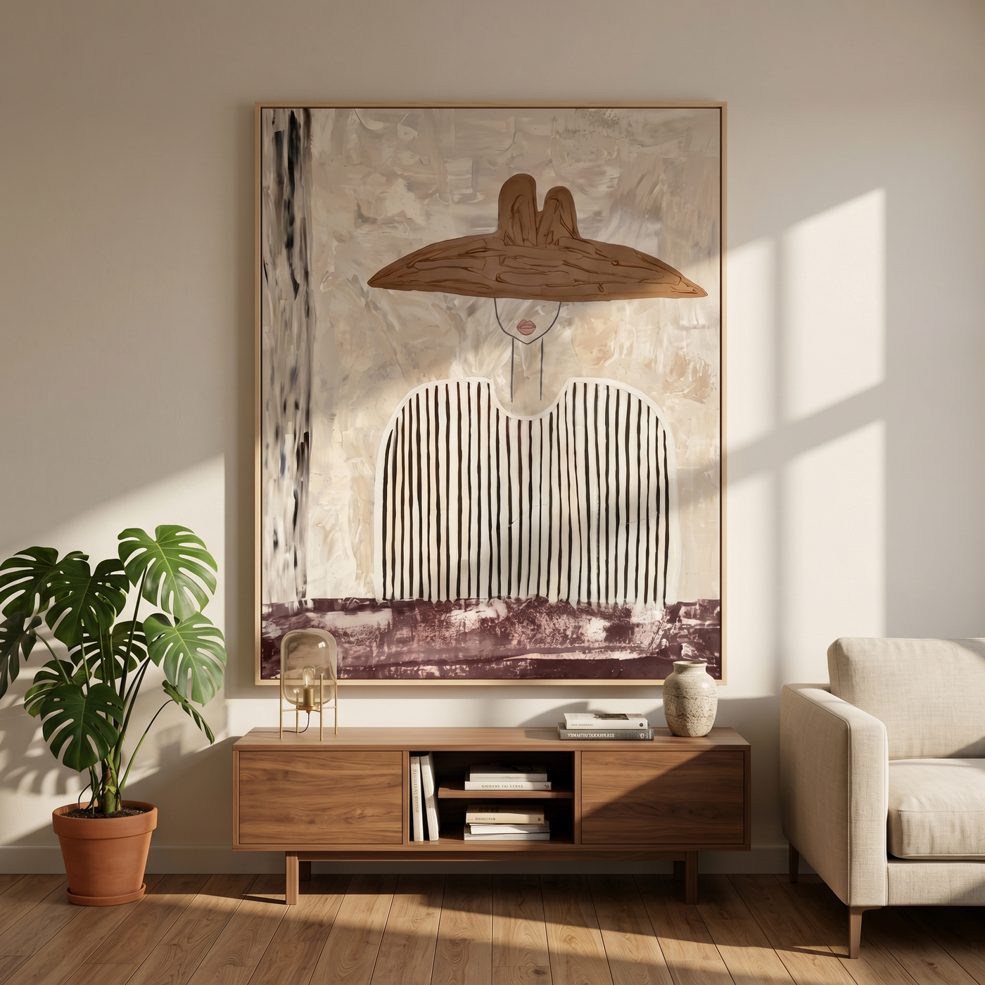 Stripes Carry a Saddle — Striped Wide-Hat Figure Painting | Modern Figurative Vertical Wall Art – gray and white modern figurative vintage americana art, vertical hand-painted canvas art – view 2