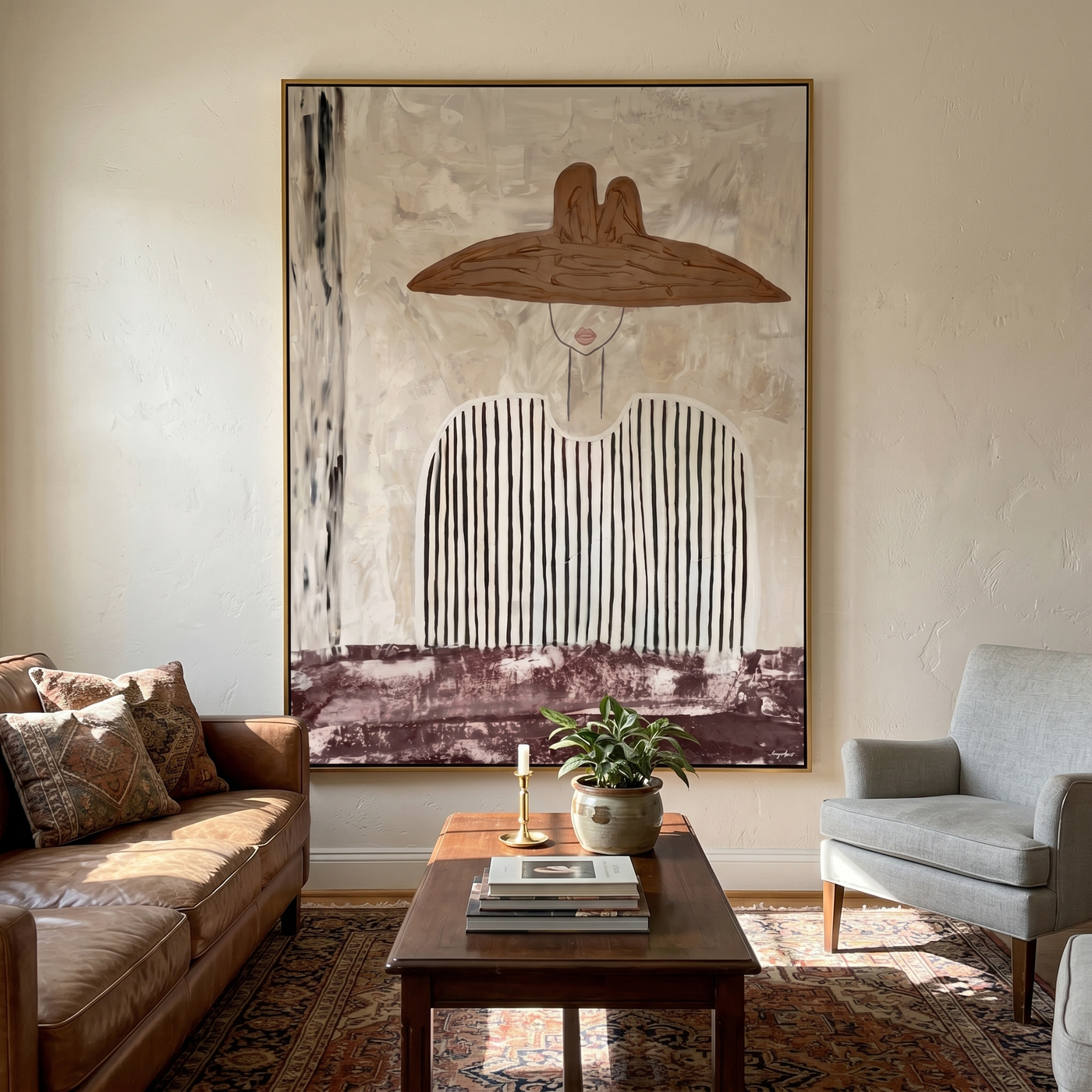 Stripes Carry a Saddle — Striped Wide-Hat Figure Painting | Modern Figurative Vertical Wall Art – gray and white modern figurative vintage americana art, vertical hand-painted canvas art – view 3