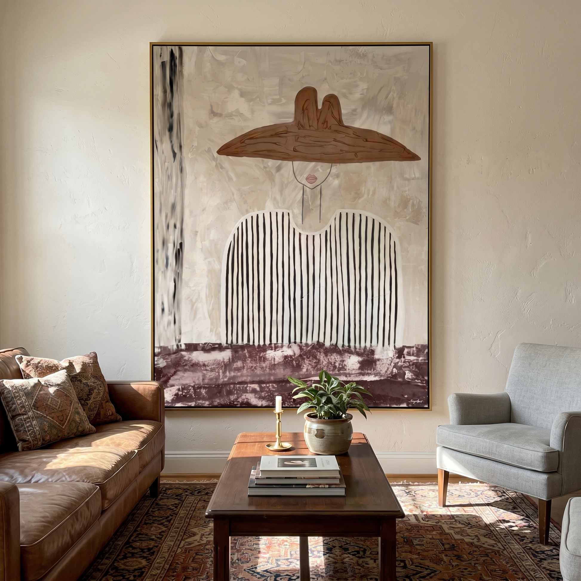 Stripes Carry a Saddle — Striped Wide-Hat Figure Painting | Modern Figurative Vertical Wall Art – gray and white modern figurative vintage americana art, vertical hand-painted canvas art – view 3