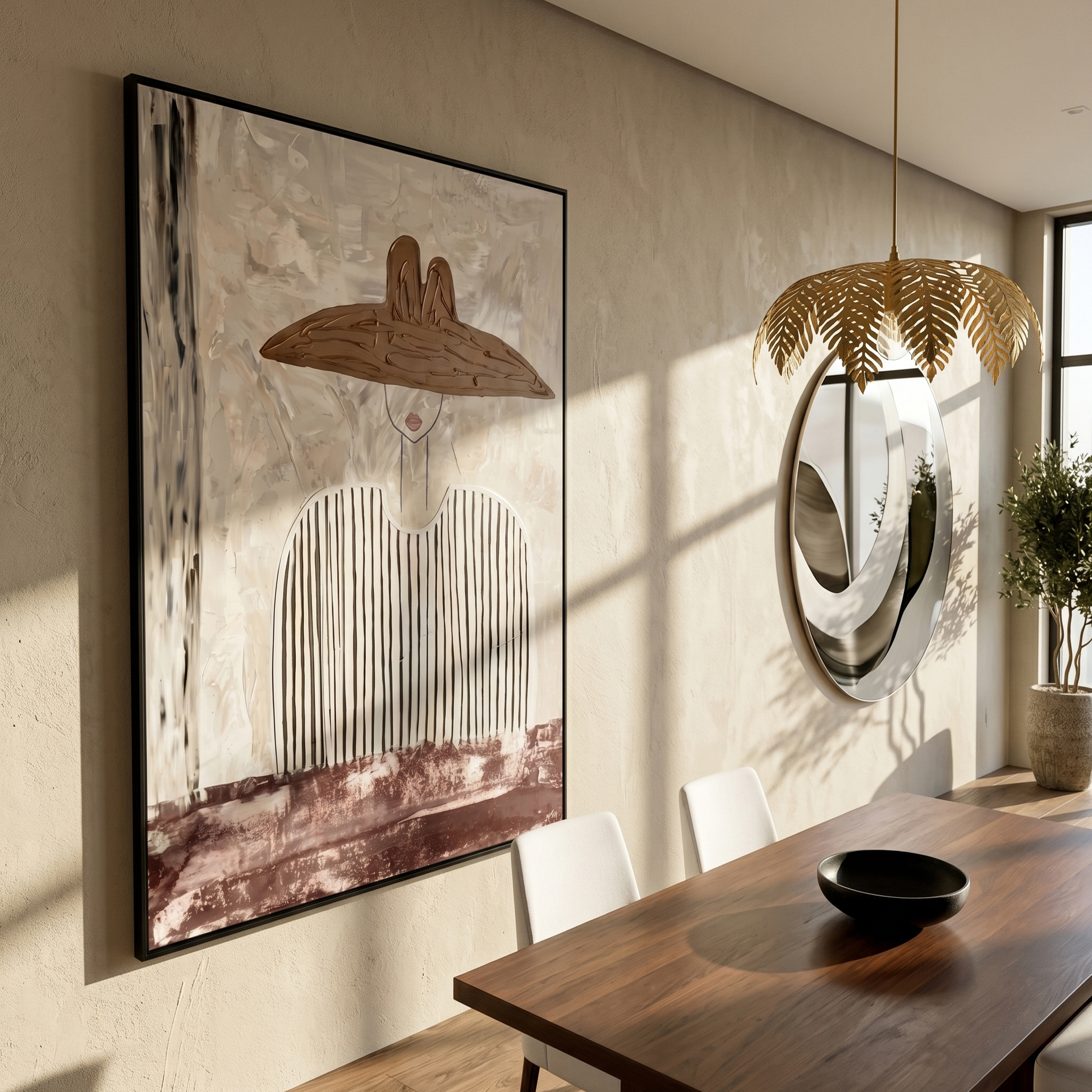 Stripes Carry a Saddle — Striped Wide-Hat Figure Painting | Modern Figurative Vertical Wall Art – gray and white modern figurative vintage americana art, vertical hand-painted canvas art – view 5