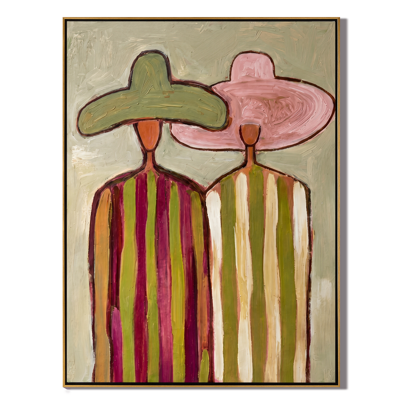 Green Meets Pink Shoulder — Green Pink Hat Pair Painting | Modern Figurative Vertical Wall Art – brown and gold modern figurative vintage americana art, vertical hand-painted canvas art – view 1