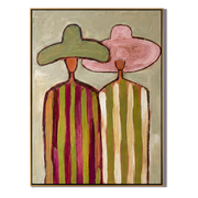 Green Meets Pink Shoulder — Green Pink Hat Pair Painting | Modern Figurative Vertical Wall Art – brown and gold modern figurative vintage americana art, vertical hand-painted canvas art – view 1