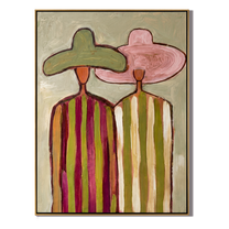 Green Meets Pink Shoulder — Green Pink Hat Pair Painting | Modern Figurative Vertical Wall Art – brown and gold modern figurative vintage americana art, vertical hand-painted canvas art – view 1