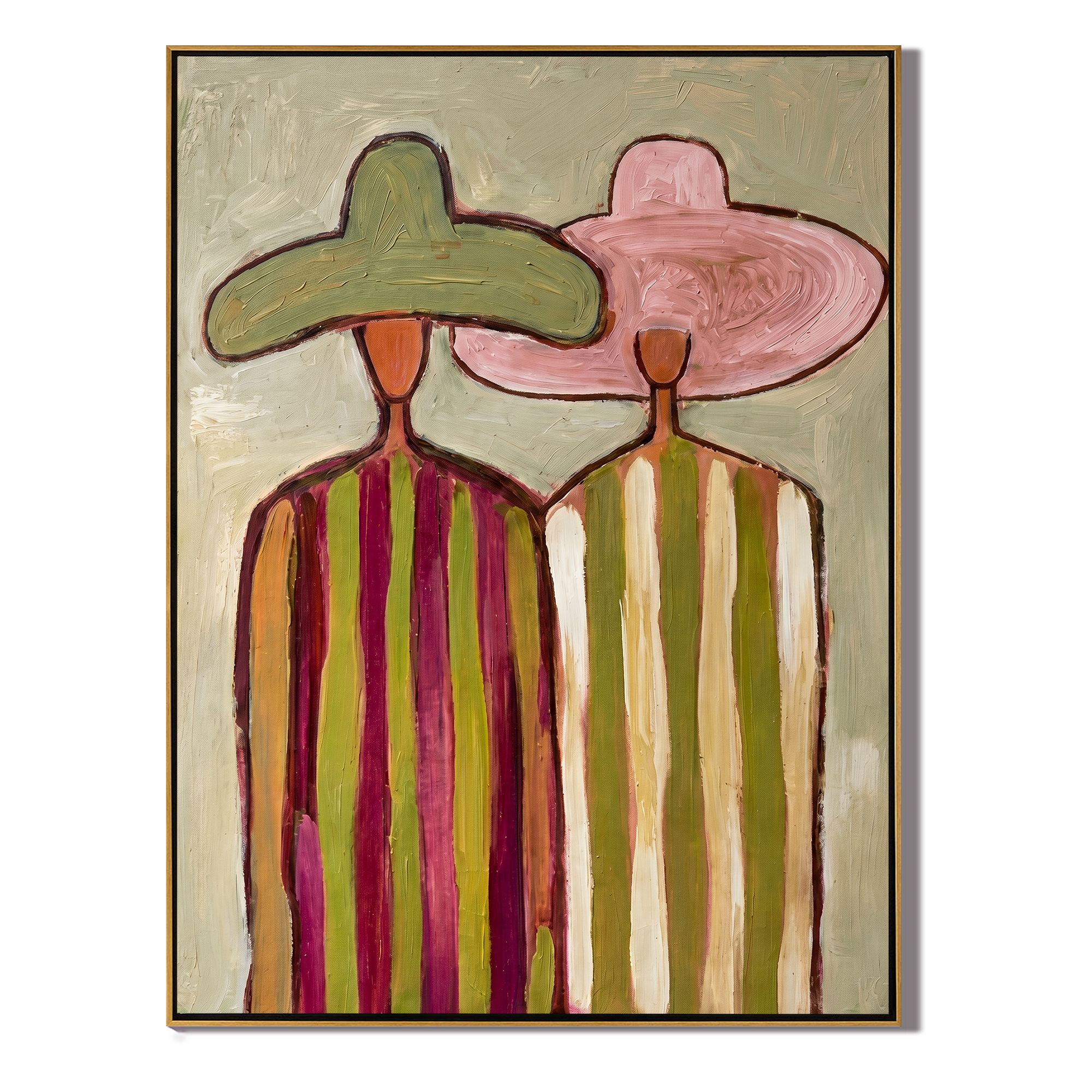 Green Meets Pink Shoulder — Green Pink Hat Pair Painting | Modern Figurative Vertical Wall Art – brown and gold modern figurative vintage americana art, vertical hand-painted canvas art – view 1