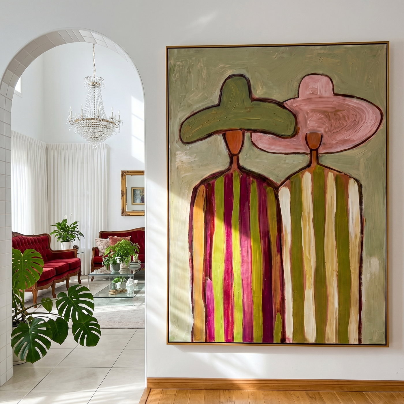 Green Meets Pink Shoulder — Green Pink Hat Pair Painting | Modern Figurative Vertical Wall Art – brown and gold modern figurative vintage americana art, vertical hand-painted canvas art – view 2