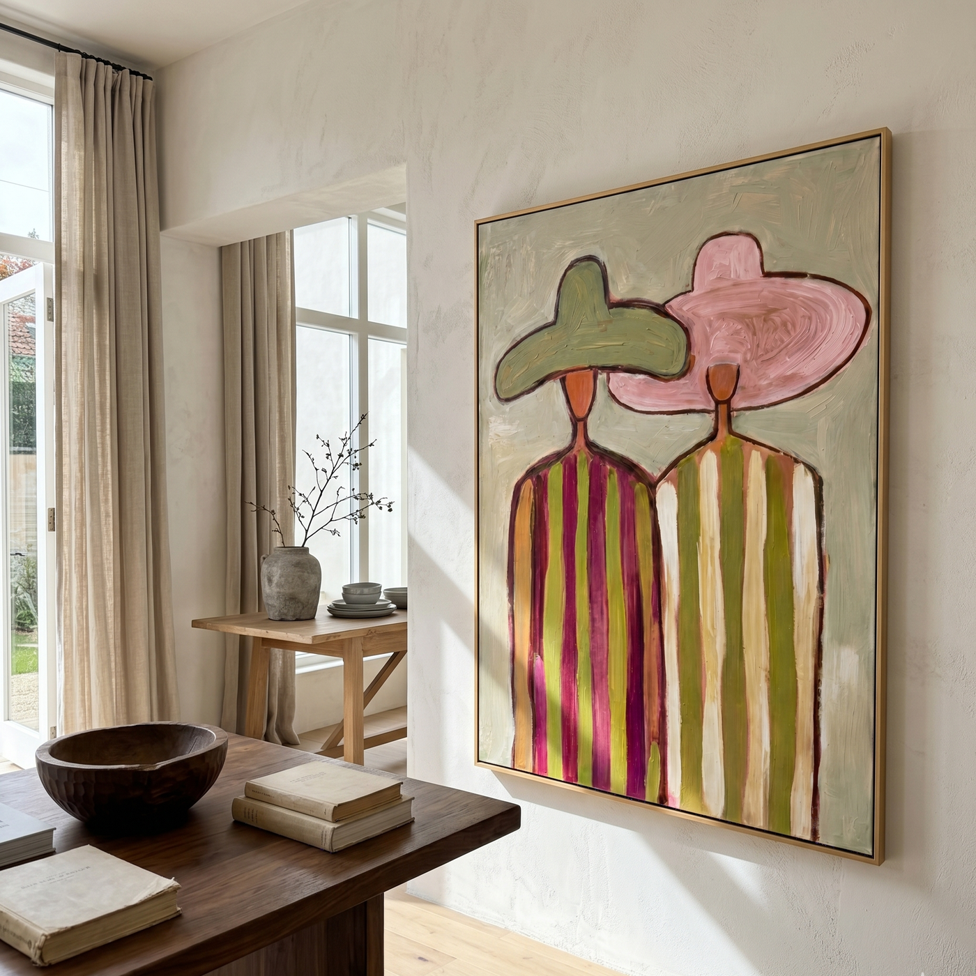 Green Meets Pink Shoulder — Green Pink Hat Pair Painting | Modern Figurative Vertical Wall Art – brown and gold modern figurative vintage americana art, vertical hand-painted canvas art – view 3