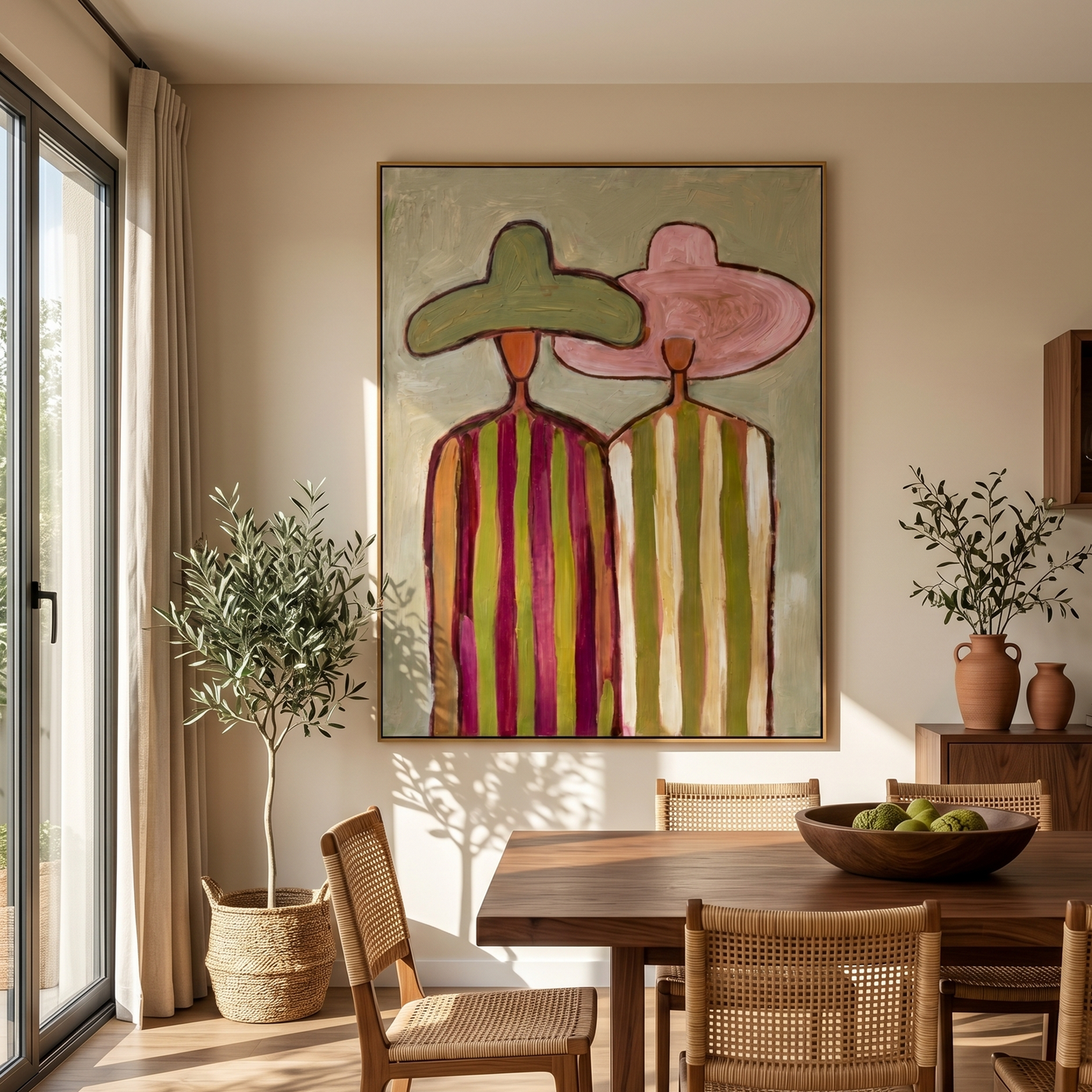 Green Meets Pink Shoulder — Green Pink Hat Pair Painting | Modern Figurative Vertical Wall Art – brown and gold modern figurative vintage americana art, vertical hand-painted canvas art – view 4