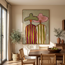 Green Meets Pink Shoulder — Green Pink Hat Pair Painting | Modern Figurative Vertical Wall Art – brown and gold modern figurative vintage americana art, vertical hand-painted canvas art – view 4