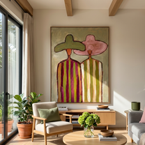 Green Meets Pink Shoulder — Green Pink Hat Pair Painting | Modern Figurative Vertical Wall Art – brown and gold modern figurative vintage americana art, vertical hand-painted canvas art – view 5
