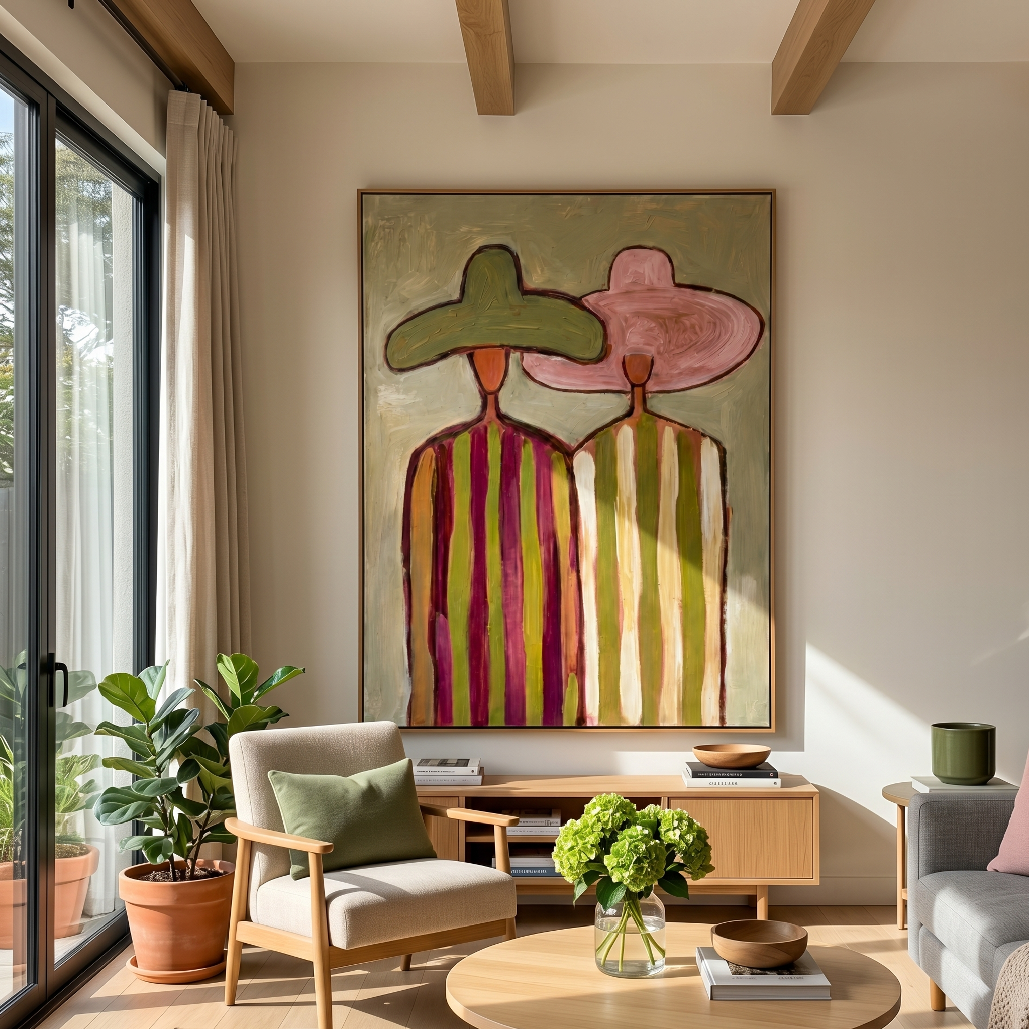 Green Meets Pink Shoulder — Green Pink Hat Pair Painting | Modern Figurative Vertical Wall Art – brown and gold modern figurative vintage americana art, vertical hand-painted canvas art – view 5