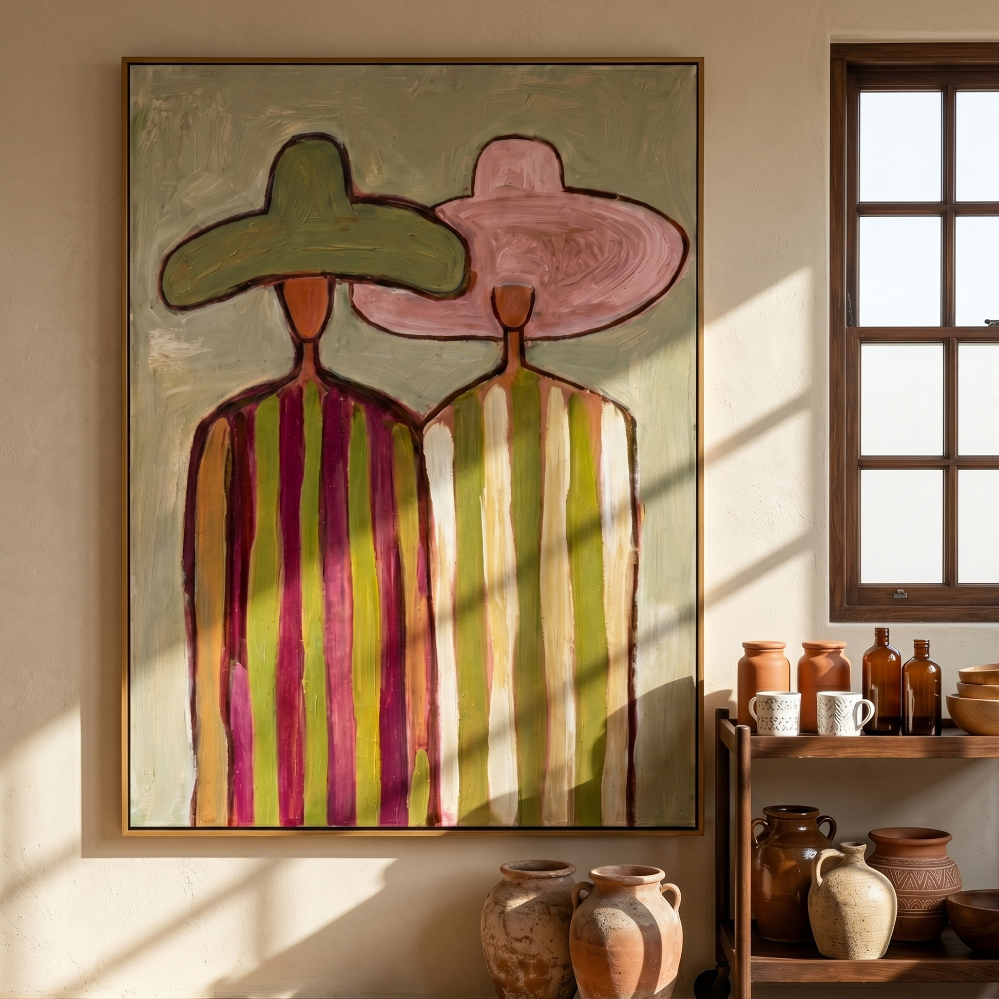 Green Meets Pink Shoulder — Green Pink Hat Pair Painting | Modern Figurative Vertical Wall Art – brown and gold modern figurative vintage americana art, vertical hand-painted canvas art – view 6