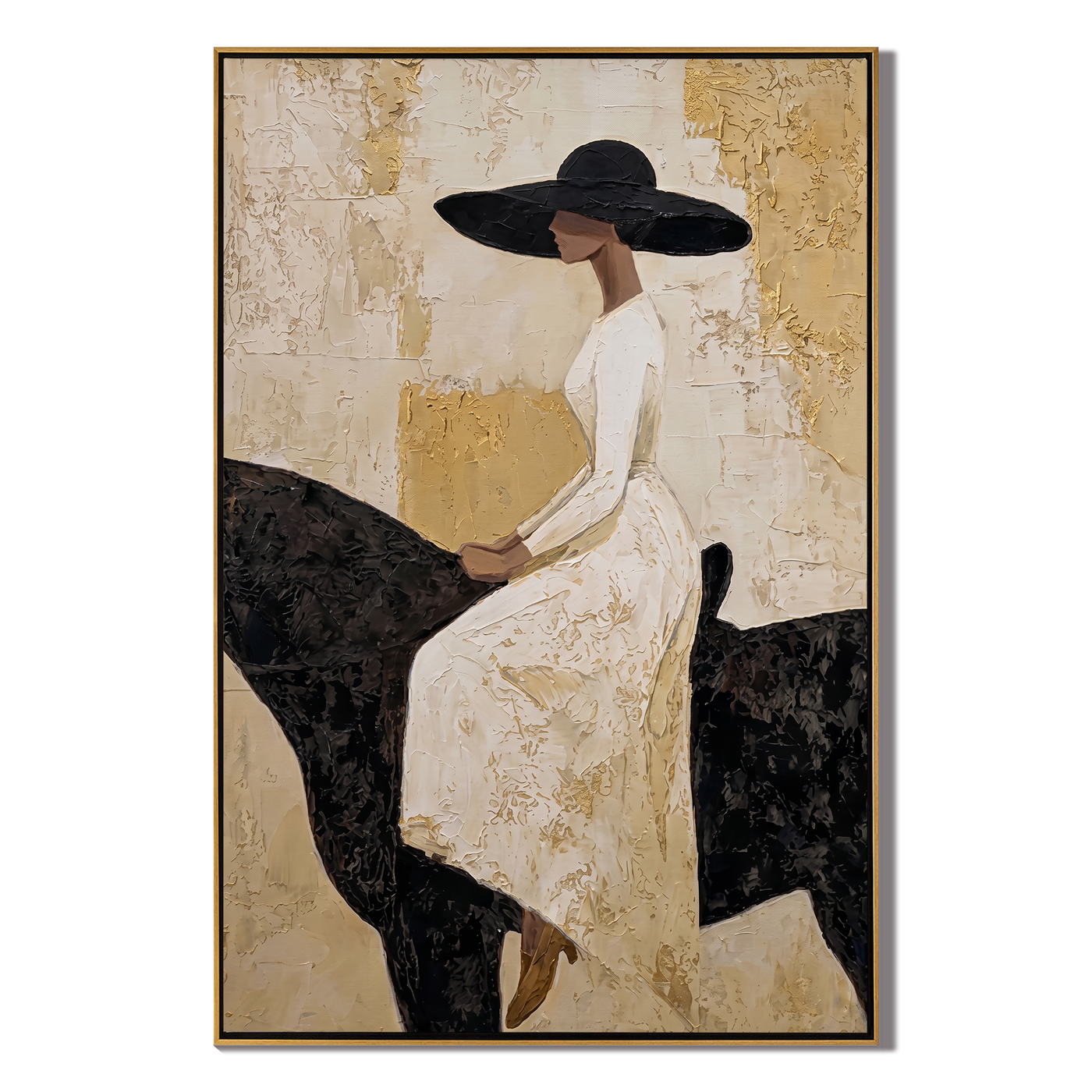White Dress Rests Darkly — White-Dress Horsewoman Painting | Modern Figurative Vertical Wall Art – gold and black and brown modern figurative vintage americana art, vertical hand-painted canvas art – view 1