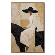 White Dress Rests Darkly — White-Dress Horsewoman Painting | Modern Figurative Vertical Wall Art – gold and black and brown modern figurative vintage americana art, vertical hand-painted canvas art – view 1