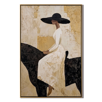 White Dress Rests Darkly — White-Dress Horsewoman Painting | Modern Figurative Vertical Wall Art – gold and black and brown modern figurative vintage americana art, vertical hand-painted canvas art – view 1