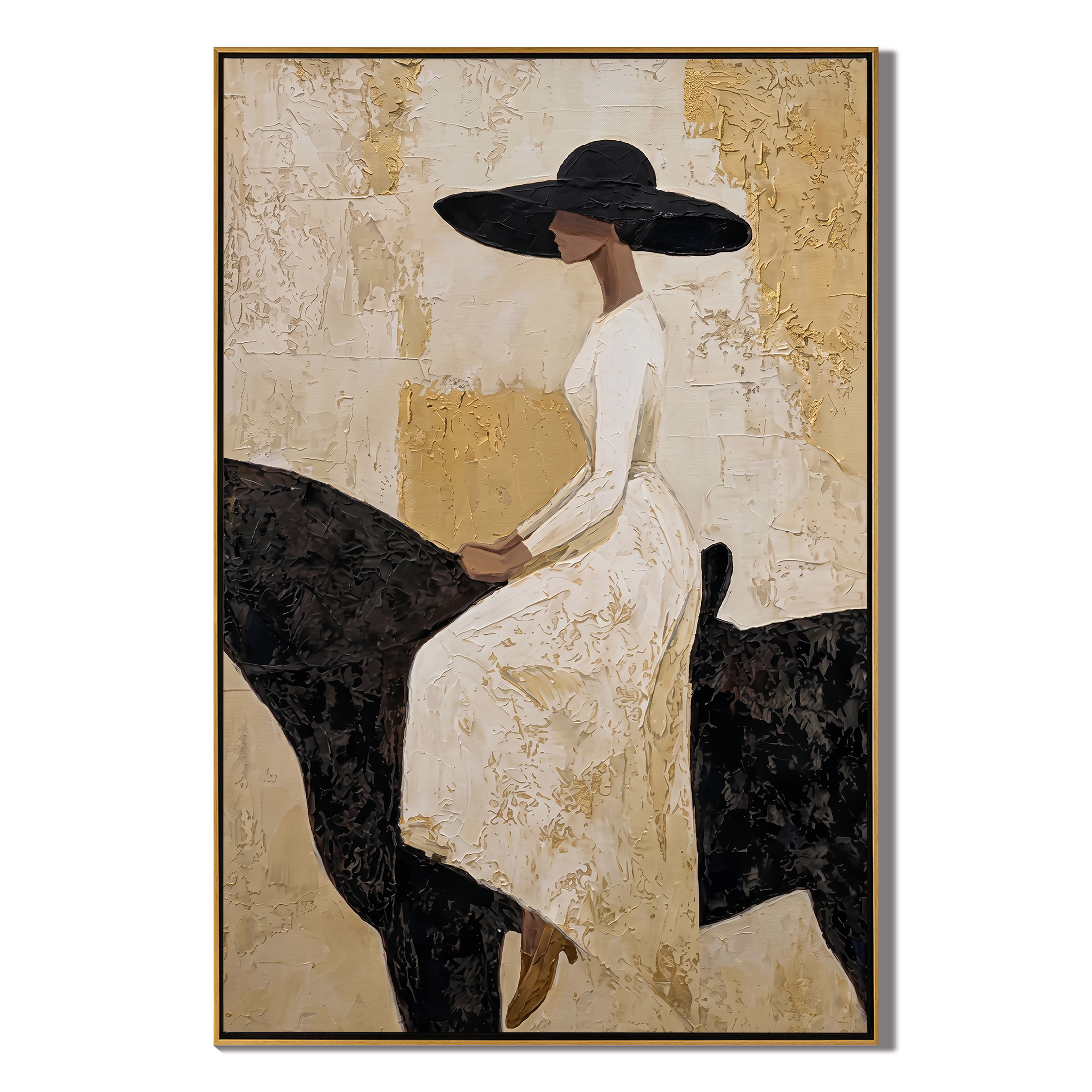 White Dress Rests Darkly — White-Dress Horsewoman Painting | Modern Figurative Vertical Wall Art – gold and black and brown modern figurative vintage americana art, vertical hand-painted canvas art – view 1